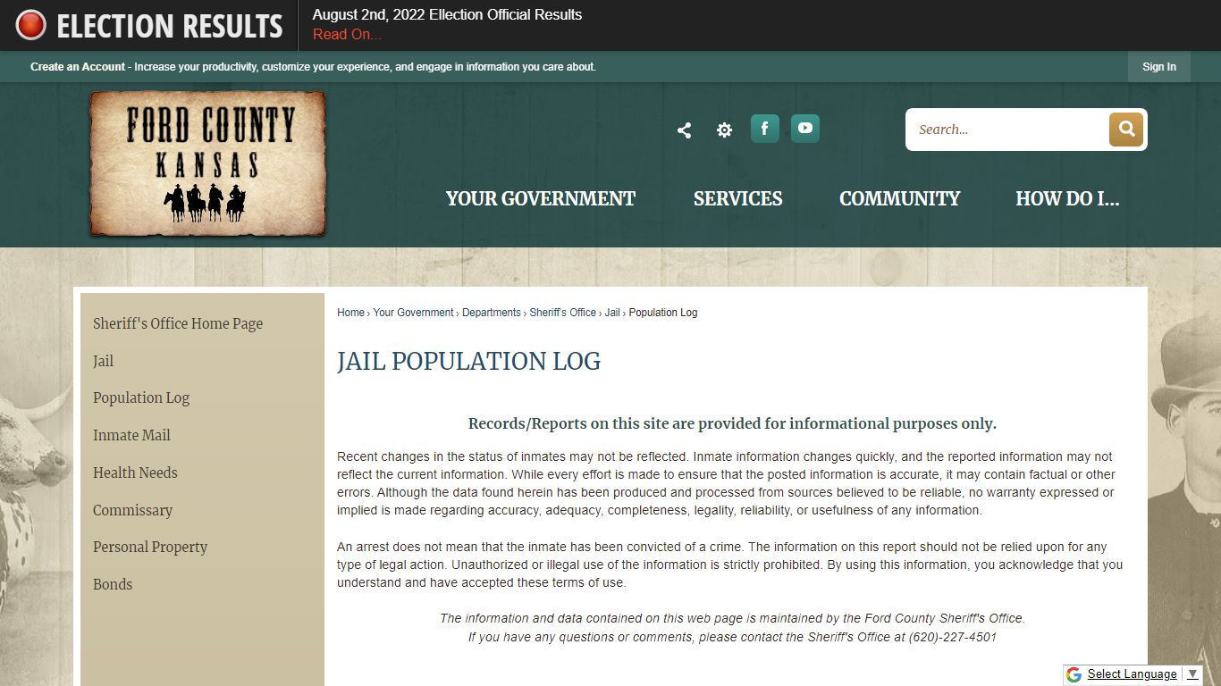 Jail Population Log | Ford County, KS